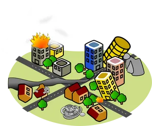 Cartoon City Disaster Scene PNG Image