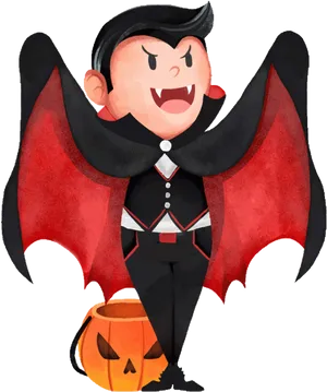 Cartoon Draculawith Halloween Pumpkin Bucket PNG Image