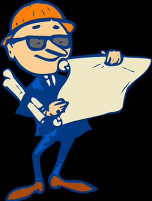 Cartoon Engineer Reviewing Blueprints PNG with transparent background