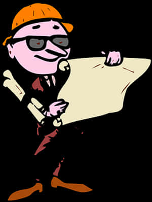 Cartoon Engineer Reviewing Blueprints PNG with transparent background