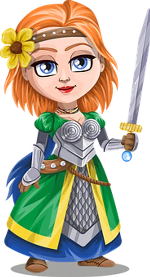 Cartoon Female Knightwith Sword PNG Image