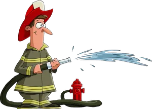 Cartoon Firefighter With Hoseand Hydrant PNG Image