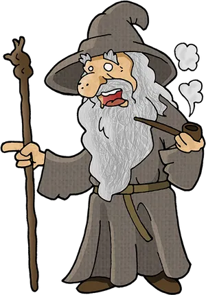 Cartoon Gandalf With Staffand Pipe PNG Image