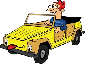 Cartoon Man Driving Yellow Car PNG Image