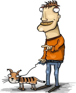 Cartoon Man Walking Striped Cat PNG Image