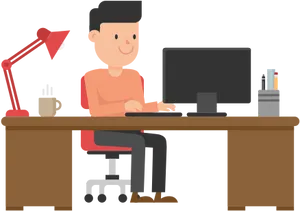 Cartoon Man Workingat Desk PNG Image