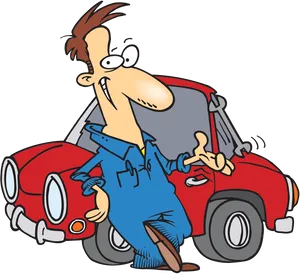 Cartoon Mechanic Leaningon Car PNG Image