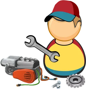 Cartoon Mechanic With Toolsand Engine PNG Image