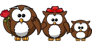 Cartoon Owl Family With Flower PNG Image