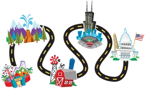 Cartoon Road Trip Attractions PNG Image