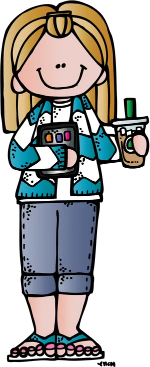 Cartoon Teacher With Coffee And Books PNG Image