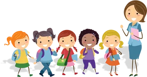 Cartoon Teacher With Students Walking PNG Image