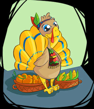 Cartoon Turkey With Harvest Basket PNG image with transparent background