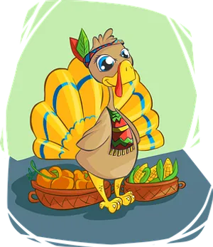 Cartoon Turkey With Harvest Basket PNG Image