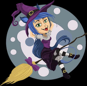 Cartoon Witch Flyingon Broom PNG image with transparent background