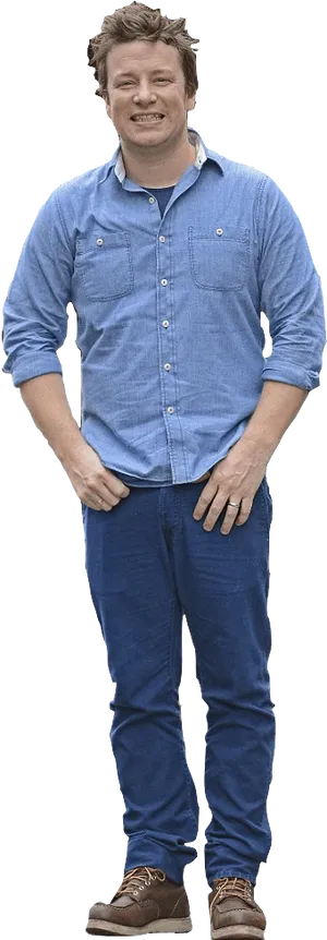 Casual Man Standing Smiling Denim Outfit PNG Image