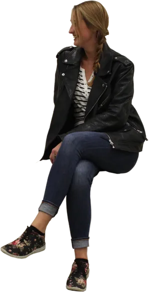 Casual Woman Sittingin Leather Jacket PNG Image