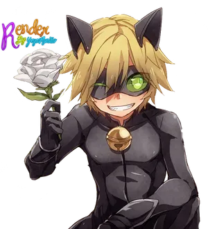 Cat Eared Anime Character With Rose PNG Image