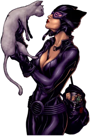 Catwoman Holding White Cat Illustration PNG Image