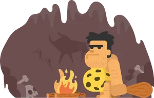 Caveman By Firelight Illustration PNG Image