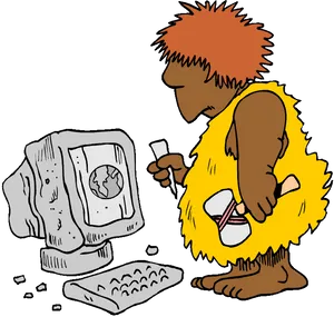 Caveman_ Using_ Stone_ Computer_ Illustration.png PNG Image