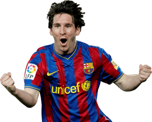 Celebratory Soccer Playerin Blueand Red Stripes PNG image with transparent background