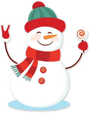 Cheerful Snowman Peace Sign Candy Cane PNG Image