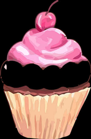 Cherry Topped Chocolate Cupcake Illustration PNG image with transparent background
