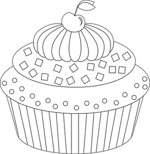 Cherry Topped Cupcake Line Art PNG Image