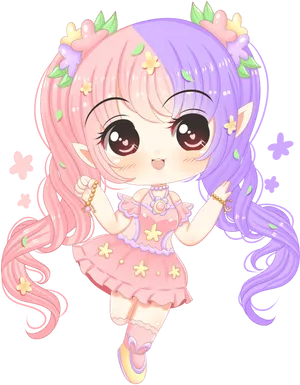 Chibi Girl Floral Fantasy PNG Image