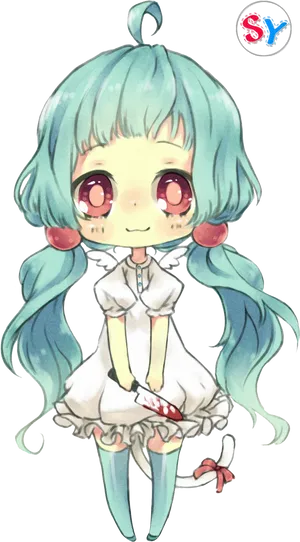 Chibi Girlwith Aqua Hairand White Dress PNG Image