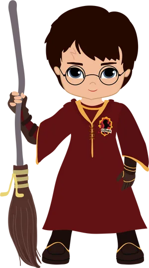 Chibi Harry Potterwith Broomstick PNG Image