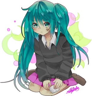 Chibi Miku Sitting Illustration PNG Image