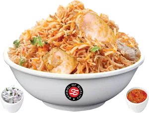 Chicken Biryani Dish With Sides PNG Image