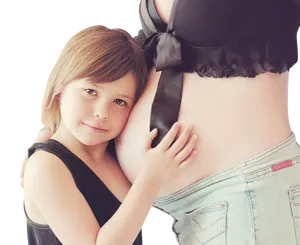 Child Embracing Pregnant Mother Belly PNG Image