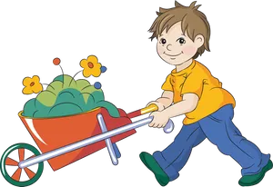 Child Pushing Wheelbarrow Illustration PNG Image