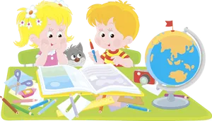 Children Studying Cartoon PNG Image