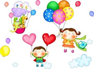 Childrens Day Celebration Balloonsand Cartoon Kids PNG Image