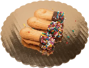 Chocolate Dipped Sprinkle Cookieson Gold Platter.jpg PNG Image