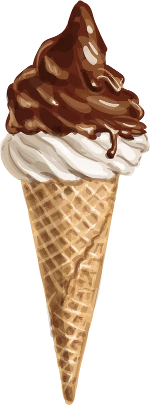 Chocolate Drizzled Soft Serve Ice Cream Cone PNG Image