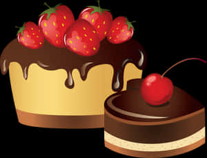 Chocolate Strawberryand Cherry Cakes Illustration PNG image with transparent background