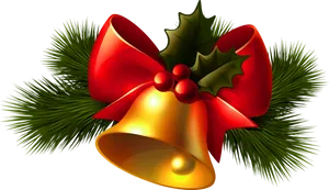 Christmas Bellwith Red Ribbonand Holly.png PNG Image