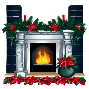 Christmas Fireplace With Poinsettias Png 27 PNG Image