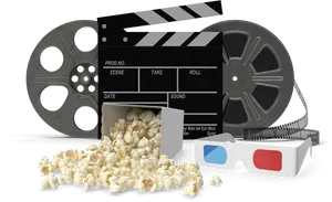 Cinema Elements Clapperboard Film Reel Popcorn3 D Glasses PNG Image