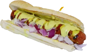 Classic Hot Dogwith Mustardand Onions PNG Image