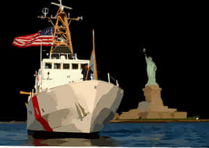 Coast Guard Ship Statue Of Liberty Night PNG image with transparent background