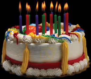 Colorful Birthday Cakewith Lit Candles PNG image with transparent background