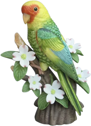 Colorful Budgie On Floral Perch.png PNG Image