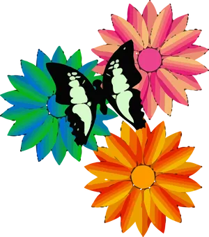 Colorful Butterfliesand Flowers Illustration PNG Image