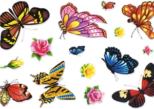 Colorful Butterfliesand Flowers Stickers PNG Image